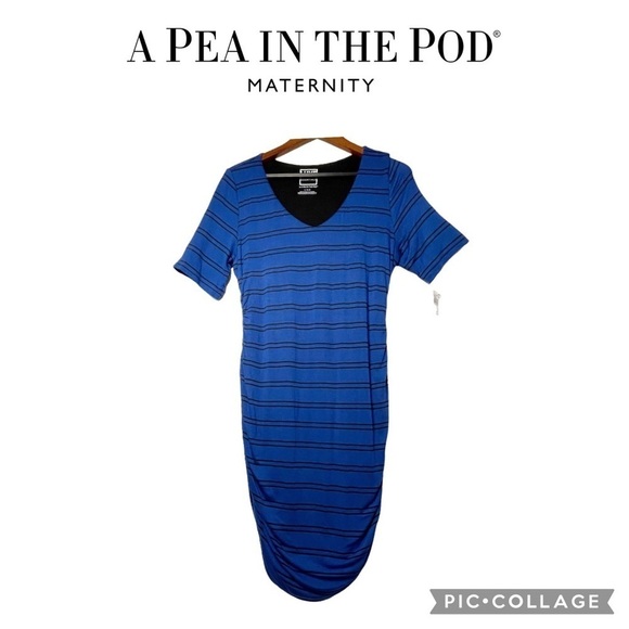 A Pea in the Pod super stretchy v neck blue black striped dress size L - Picture 1 of 12